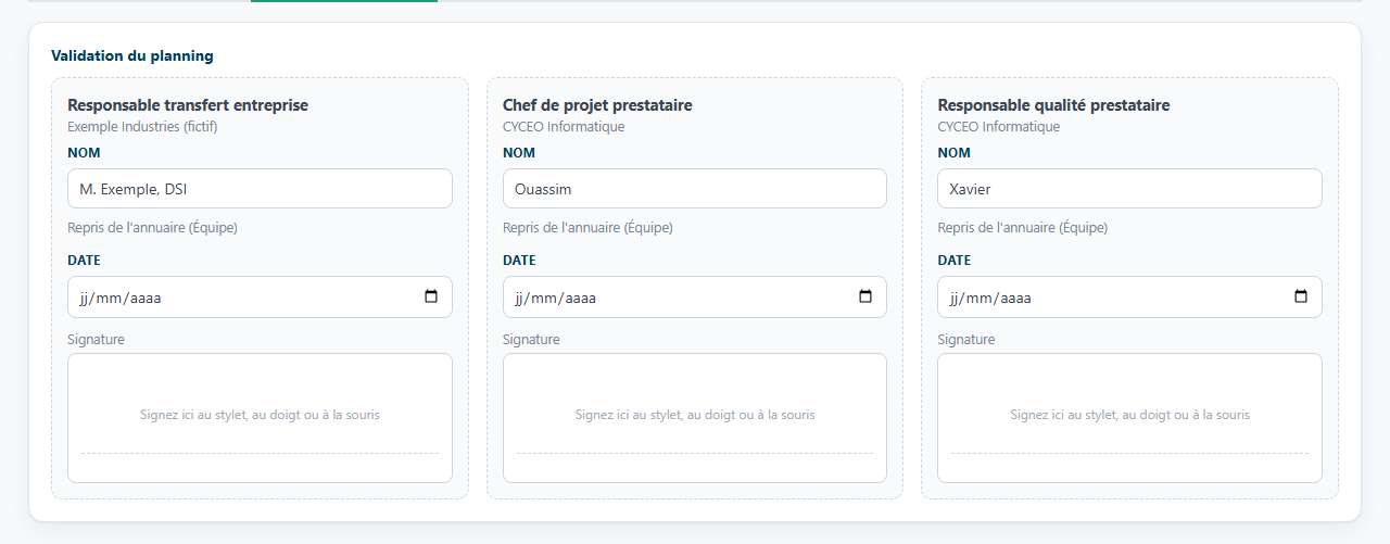 Validation du planning : signataires repris de l'annuaire et zone de signature au stylet